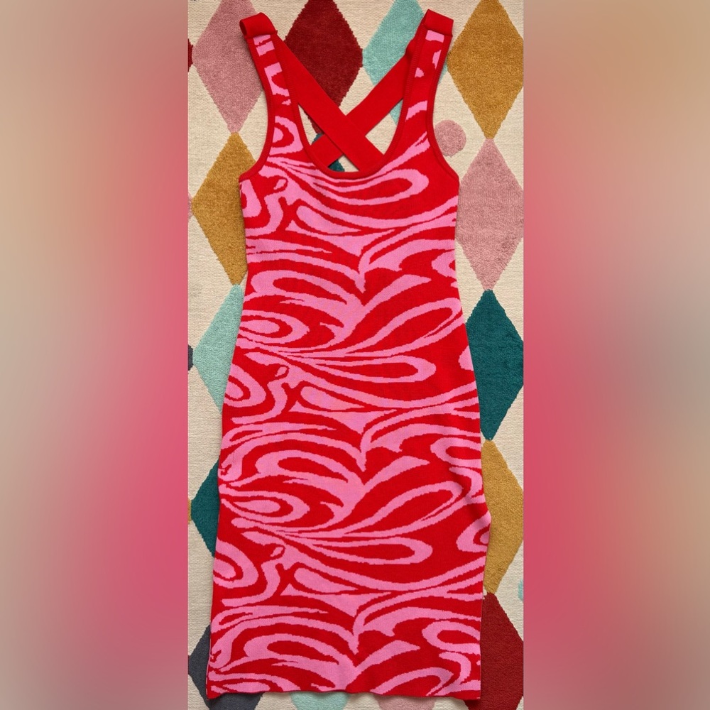 Love + Harmony Red and Pink Patterned Knit Bodycon Dress - Size M